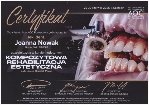 Lek. stom. Joanna Nowak certyfikat Joanna Nowak
